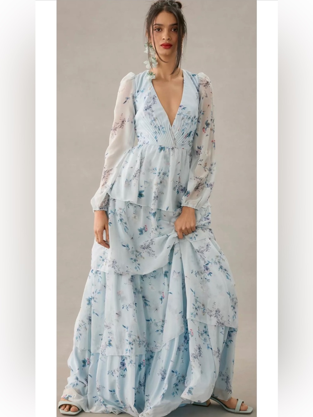 Ieena for Mac Duggal Tiered Ruffle Maxi Dress in sky (Anthropologie Collab) EUC